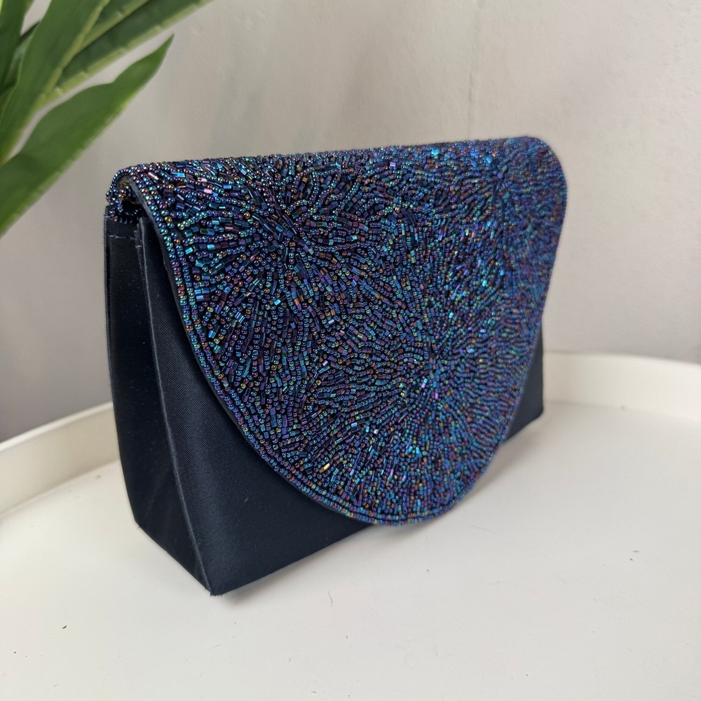 Old Hollywood Gatsby Glam Vintage La Regale Purse Navy Beaded Satin Clutch Purse